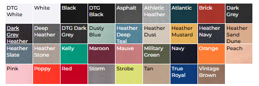 Color swatch chart with various color names and codes